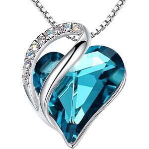 Infinity Love Birthstone Heart Pendant Zircon Blue Necklace Women Mom Silver